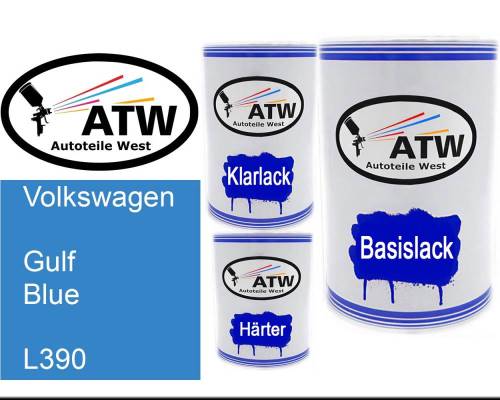 Volkswagen, Gulf Blue, L390: 500ml Lackdose + 500ml Klarlack + 250ml Härter - Set, von ATW Autoteile West.